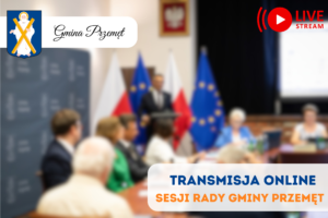Grafika przedstawia obrady sesji. Zawiera także herb gminy Przemęt wraz z dopiskiem