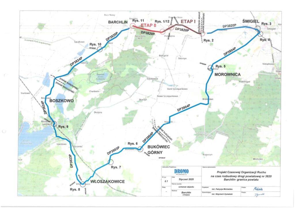 Na mapie zaznaczono obszar objazdu: od Barchlina przez Boszkowo, Włoszakowice, Bukówiec Górny, Morownicę do Śmigla. Informacje na mapie: Jednostka projektowa: DROMO, nazwa opracowania: Projekt Czasowej Organizacji Ruchu na czas rozbudowy drogi powiatowej nr 3820 Barchlin - granica powiatu, data: styczeń 2025, nazwa rysunku: schemat objazdu, budowa: Barchlin STRABAG, numer rysunku: 0.1, projektant: inż. Patrycja Michalska, sprawdzający: inż. Wojciech Dymalski.