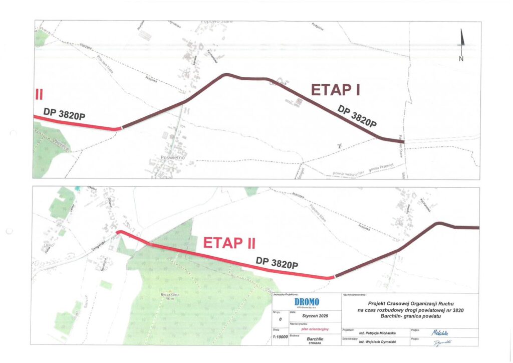 Na mapie zaznaczono liniami drogę, gdzie będzie przeprowadzany remont. Brązową linią zaznaczono etap I droga powiatowa nr 3820P, a czerwoną linią etap II droga powiatowa nr 3820P. Informacje na mapie: Jednostka projektowa: DROMO, nazwa opracowania: Projekt Czasowej Organizacji Ruchu na czas rozbudowy drogi powiatowej nr 3820 Barchlin - granica powiatu, data: styczeń 2025, nazwa rysunku: plan orientacyjny, budowa: Barchlin STRABAG, skala: 1:10000, projektant: inż. Patrycja Michalska, sprawdzający: inż. Wojciech Dymalski.