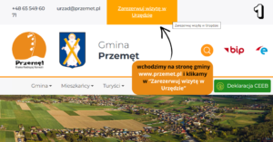 Grafika przedstawia pierwszy krok rezerwacji wizyty. Na stronie internetowej gminy należy kliknąć przycisk „Zarezerwuj wizytę w Urzędzie”, który znajduje się w górnej części strony.