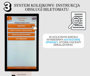 Grafika przedstawia biletomat, na którym znajdują się kategorie sprawy. Grafika zawiera oznaczenie numerem 3. Na grafice też znajduje się treść: "W kolejnym kroku wybieramy kategorię sprawy, którą chcemy zrealizować".